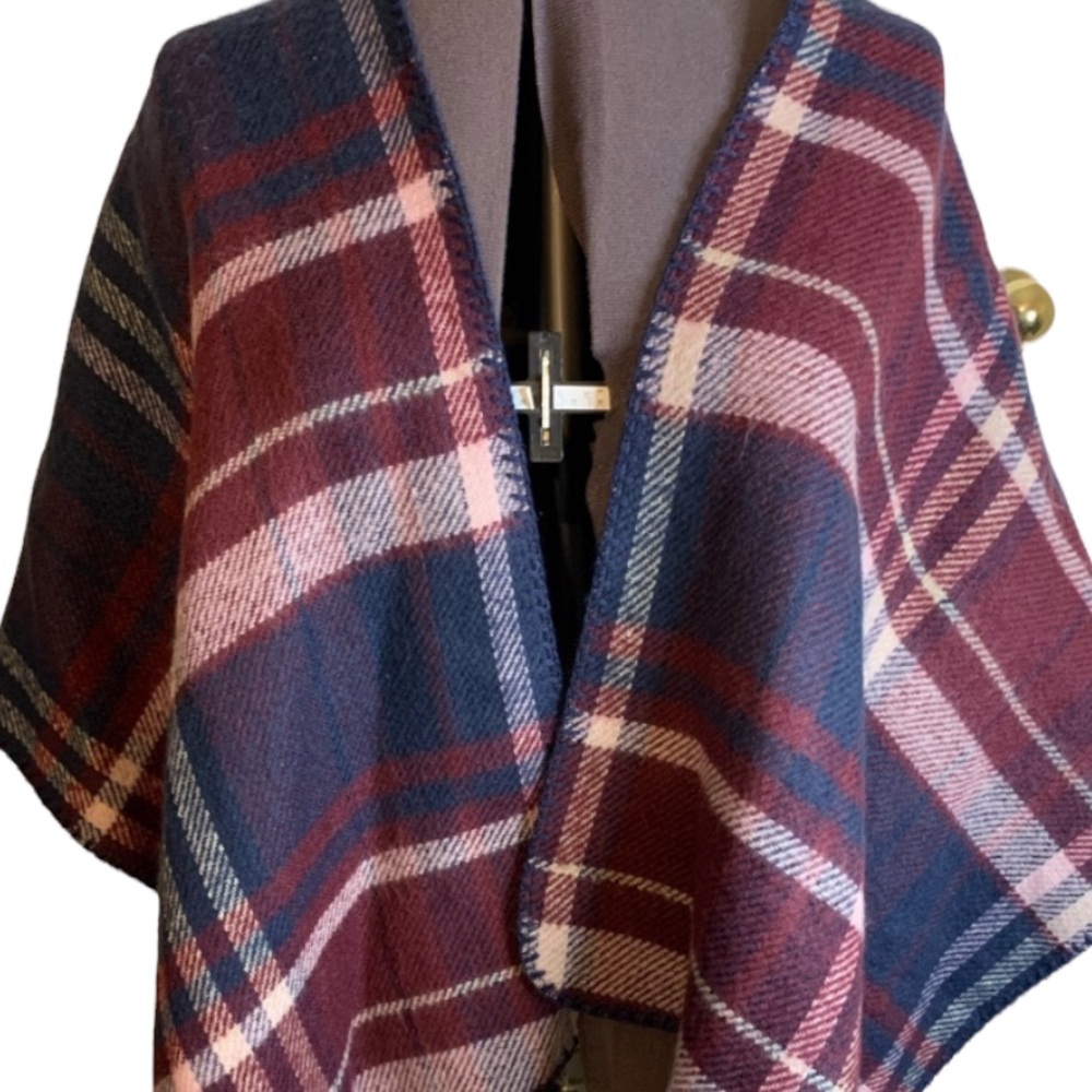 Charming Charlie Red Blue Plaid Cape Wrap One Size